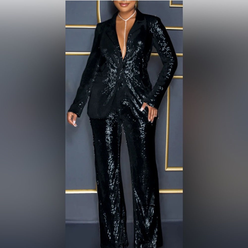 Black Sequin Blazer Pants Suit, New…Size L